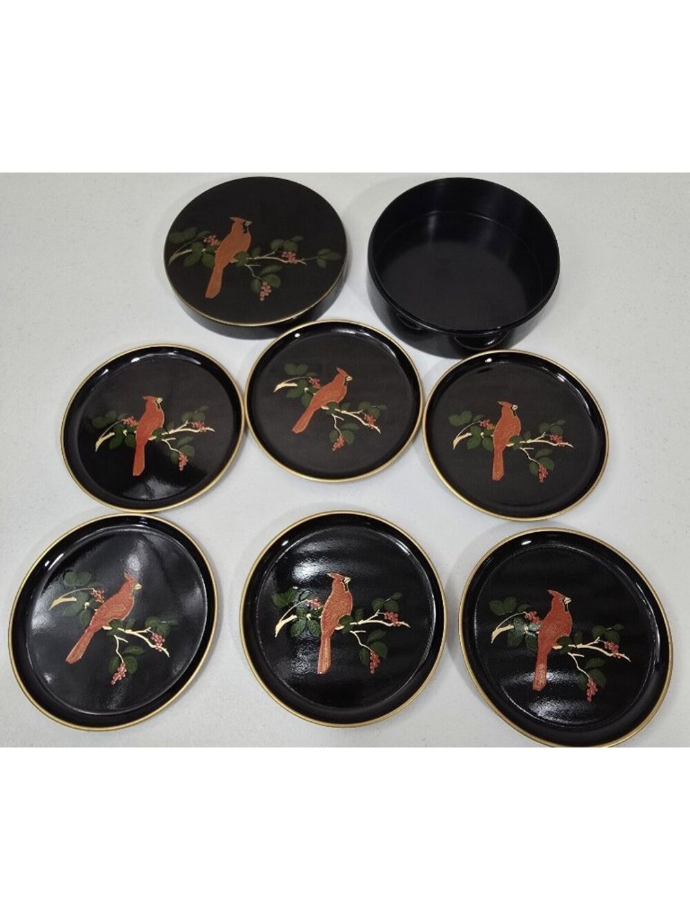 Otagiri Japan Vintage Coasters Set of 6 with Case Cardinal Holly Tree Limbs